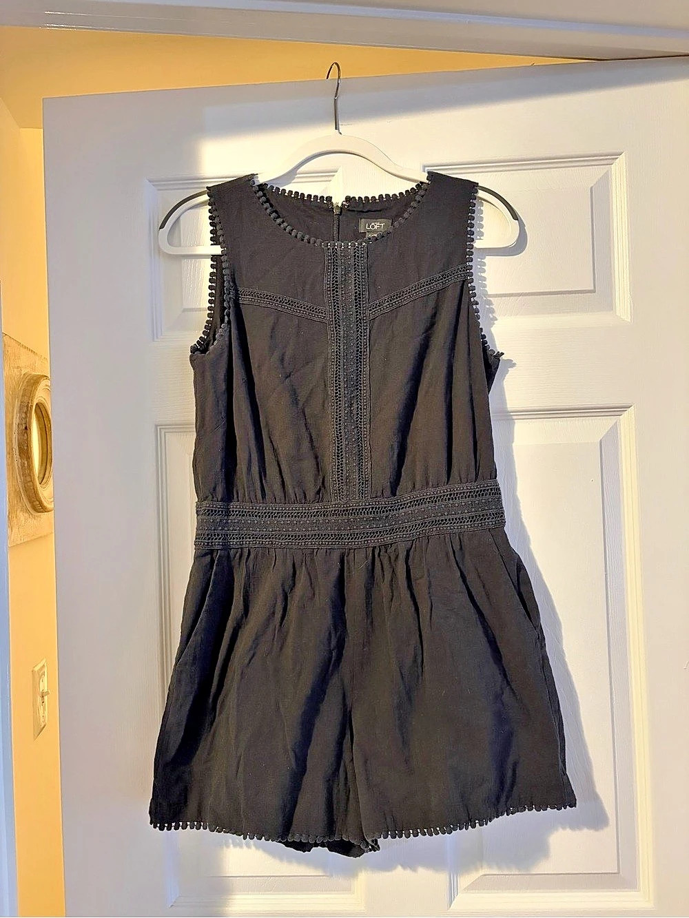 LOFT Black Sleeveless Romper With Embroidered Detailing